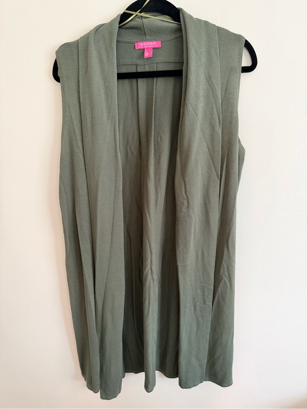 Isaac Mizrahi Olive Green Sleeveless Open Drape Cardigan Vest